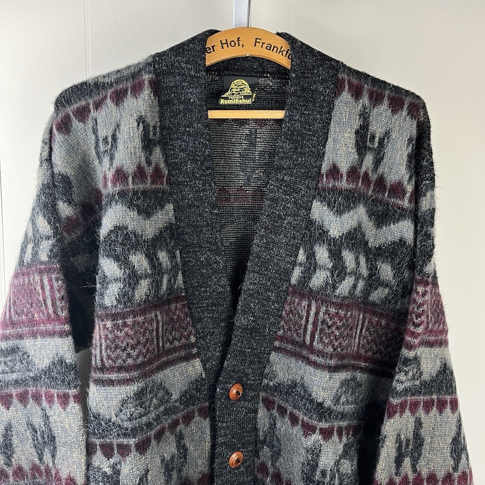 Tejidos Ruminahui Cardigan Sweater Mens O/S Heavy‎ Gray Burgundy Wool Geometric